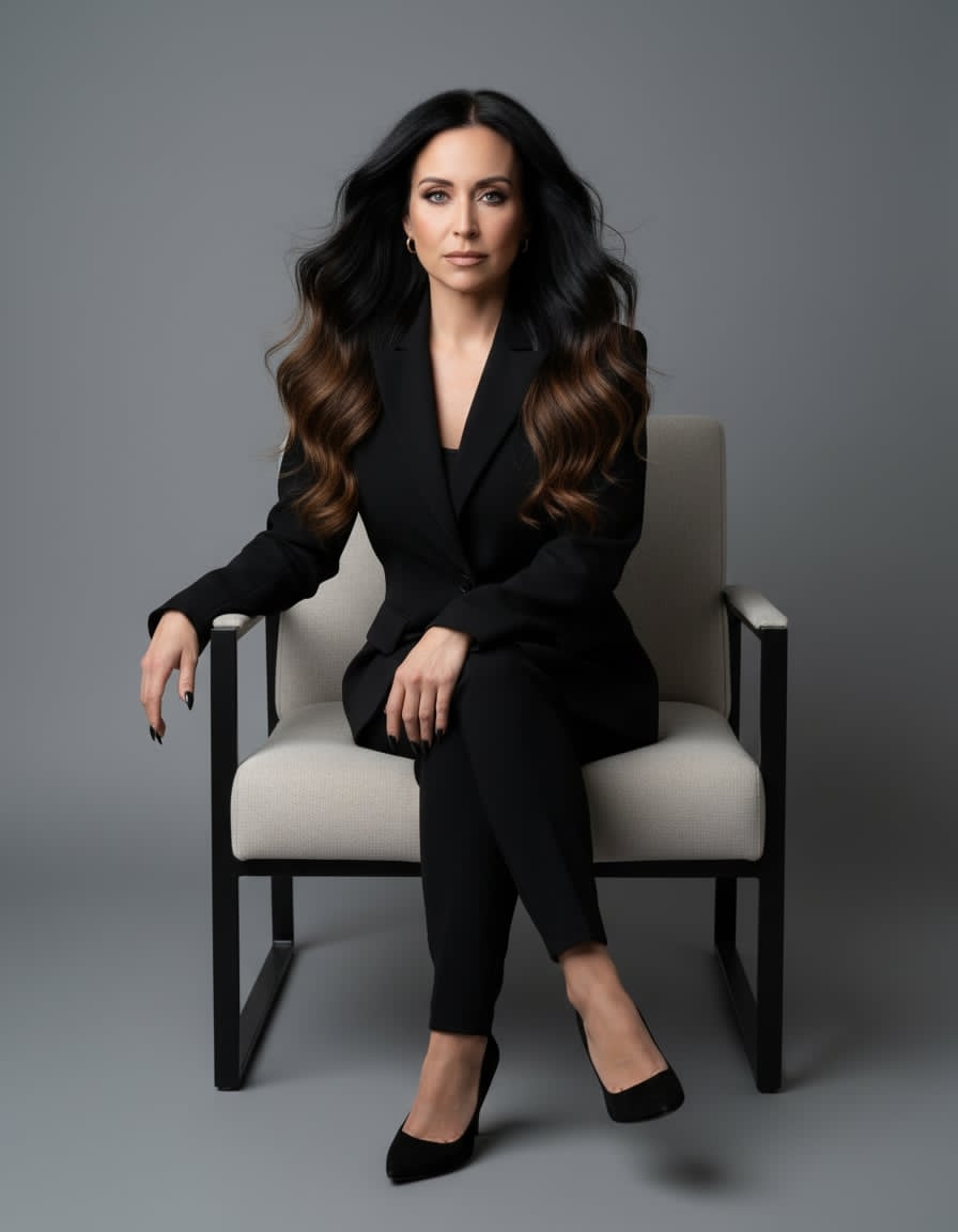 Madison seated in a black suit — the brain behind Madison Bot.